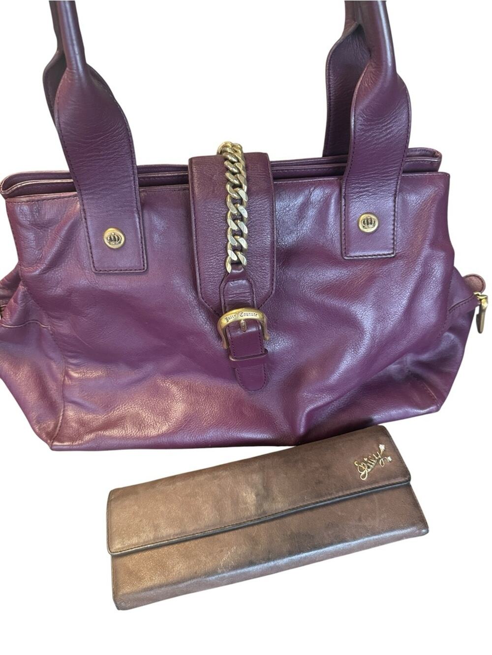 Vintage Y2K Juicy Couture Plum Leather Shoulder Tote Bag & Suede Clutch Wallet